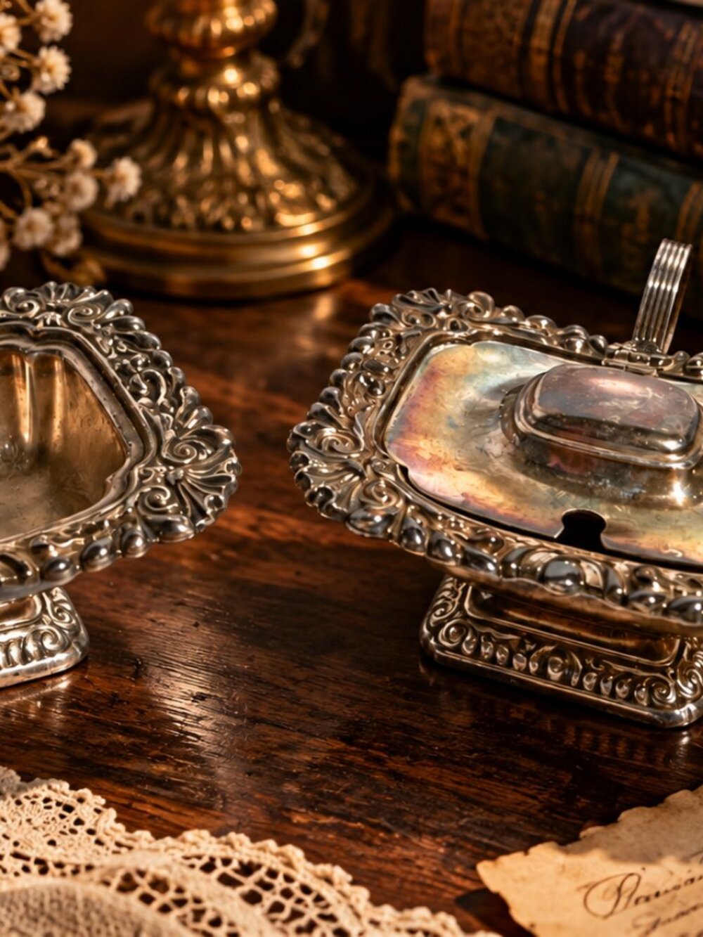 Vintage Ornate Silver-Plated Condiment Dishes Mustard Pots Set of 2
